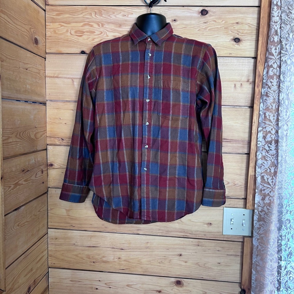 Vintage Wool Plaid Button Down Mens Large Burgundy Blue Christian Dior Monsieur